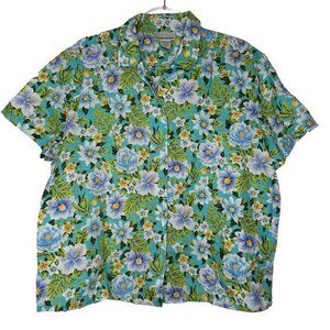 Jones New York Linen Shirt Aqua Blue Floral Hawaiian Large